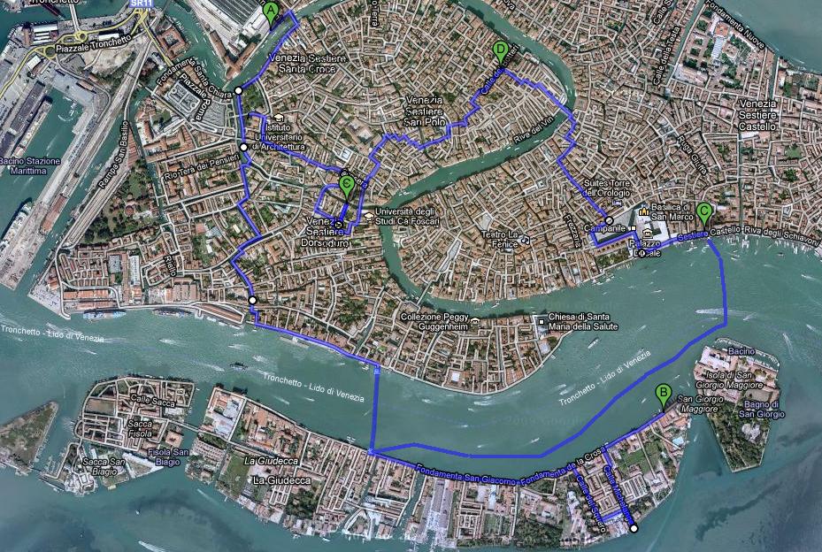 gelopen (ongeveer) route in Venetië